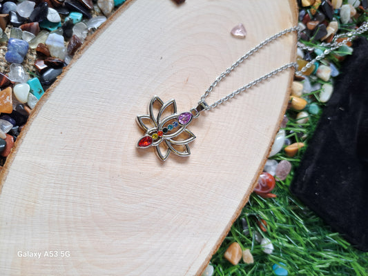 Chakra lotus pendant delicate necklace. The lotus flower pendant symbolizes purity, transformation, and spiritual enlightenment. Thus, this lotus chakra necklace can help you cleanse your aura from negative energy and encourage spiritual development.