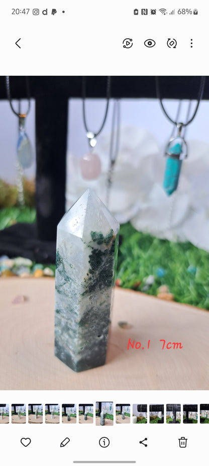 Polished moss agate crystal towers 3 different sizes