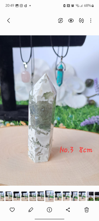 Polished moss agate crystal towers 3 different sizes